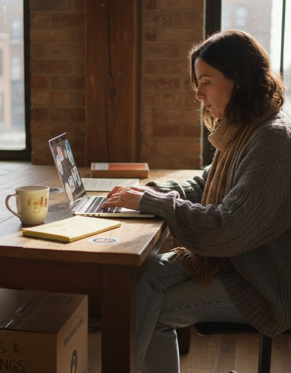 Solopreneur working at desk in city loft