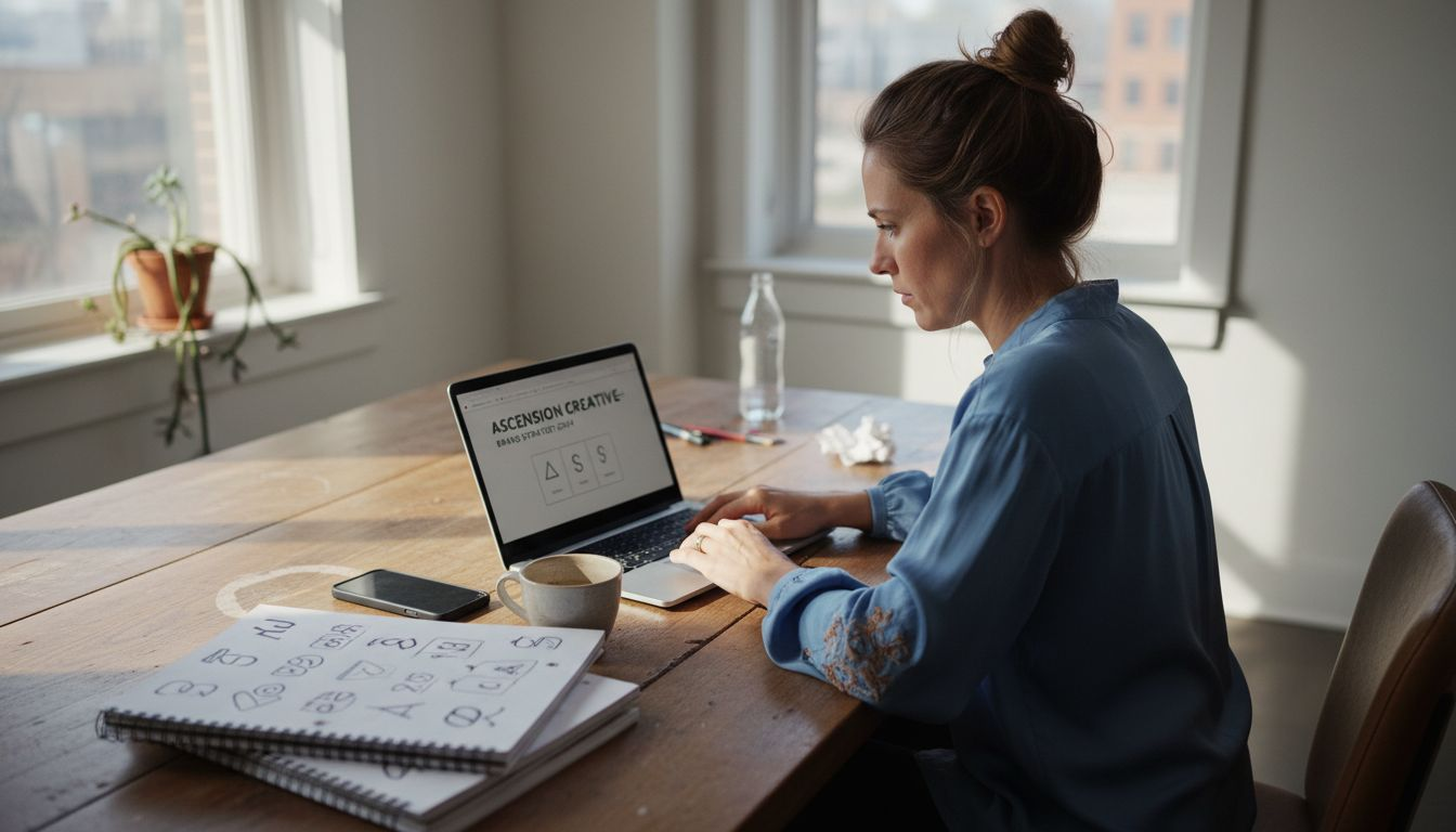 Woman editing branding proposal solo in office