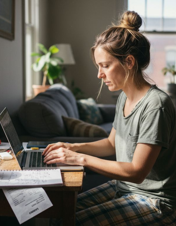 Woman working at cluttered desk in morning light