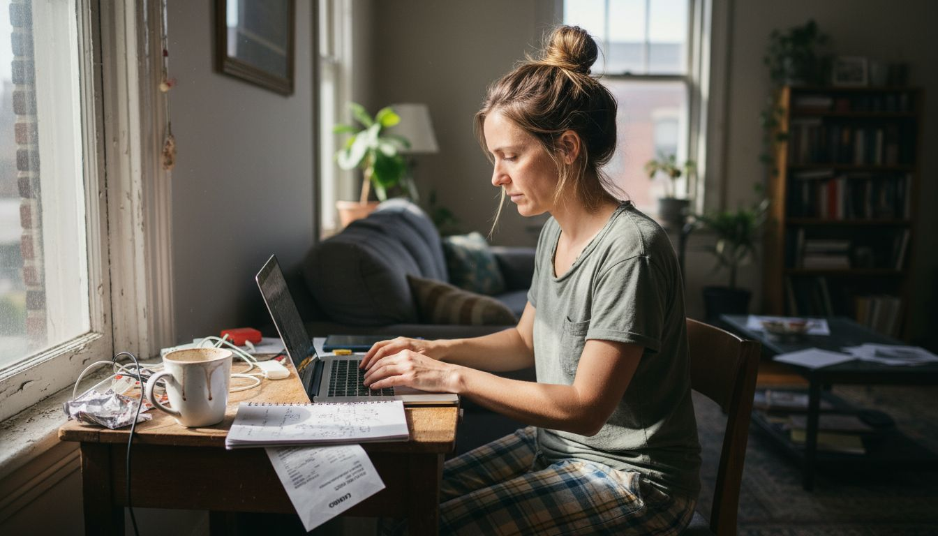 Woman working at cluttered desk in morning light