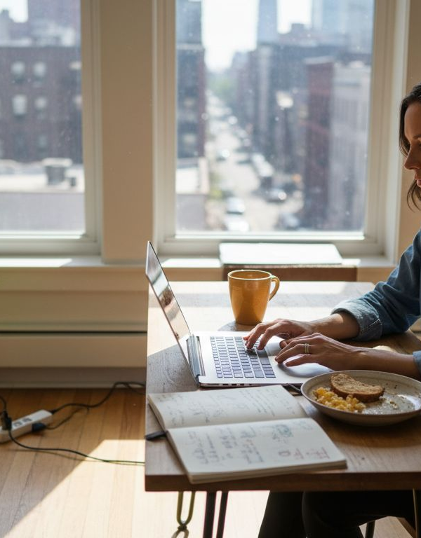 Woman working solo in city apartment workspace
