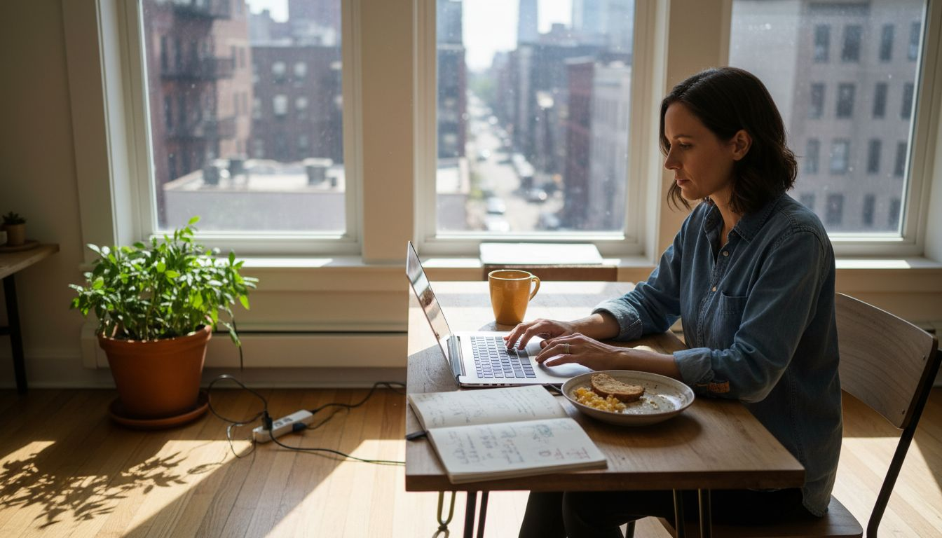 Woman working solo in city apartment workspace
