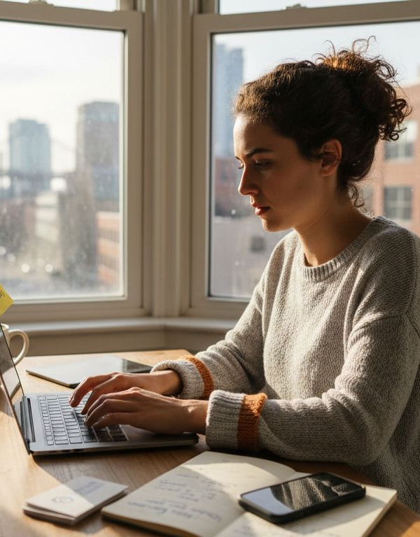 Solopreneur drafting social media posts in office