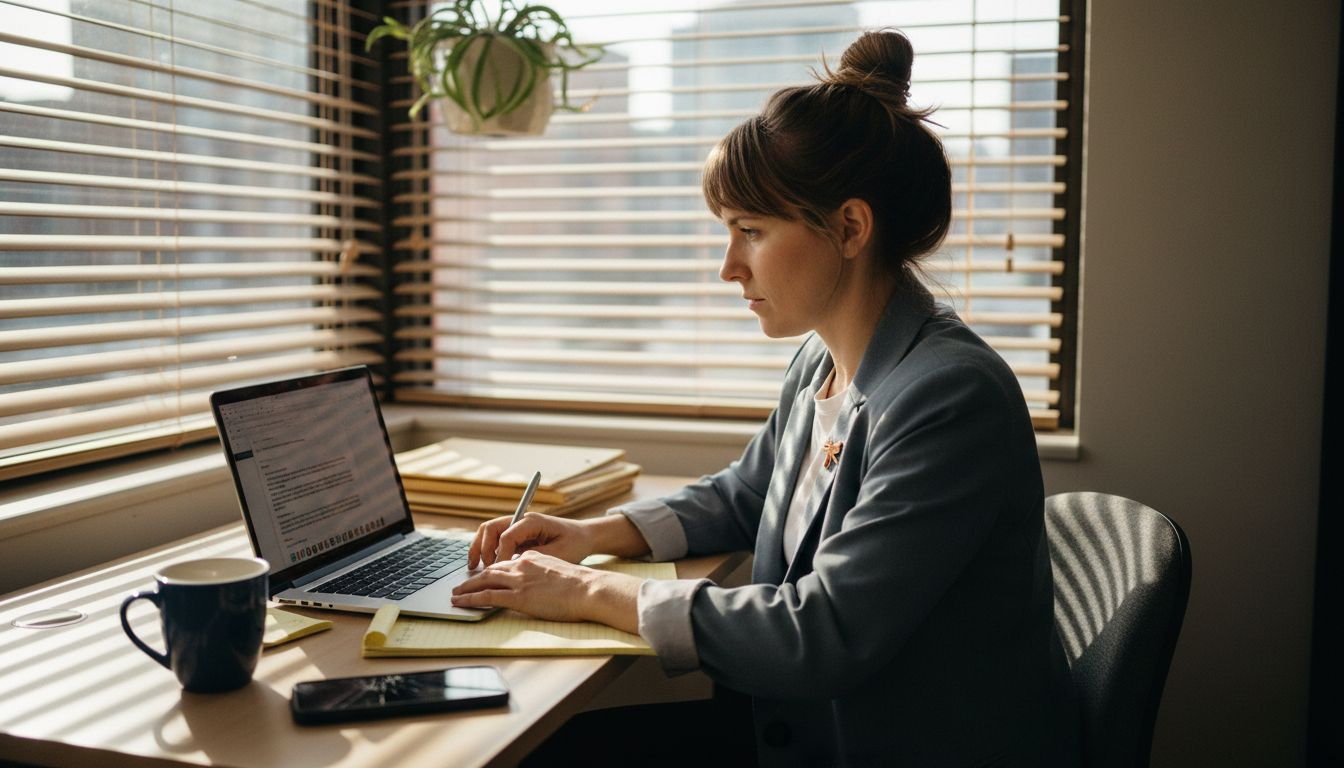 Solopreneur typing at cluttered office desk