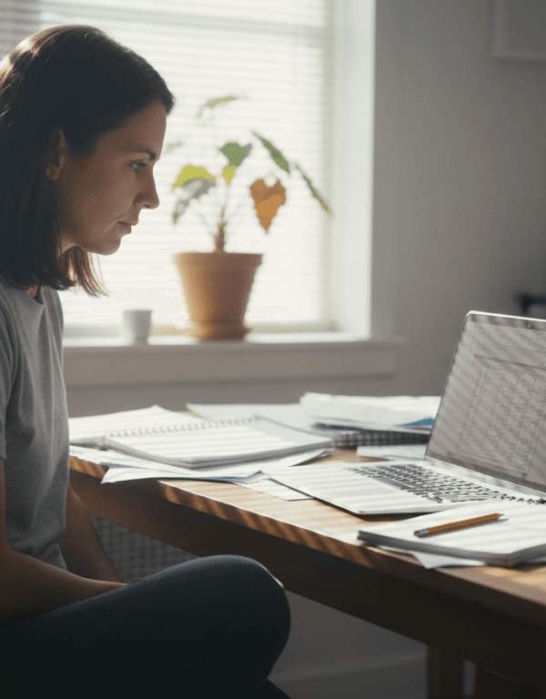 Solopreneur working from cluttered home workspace