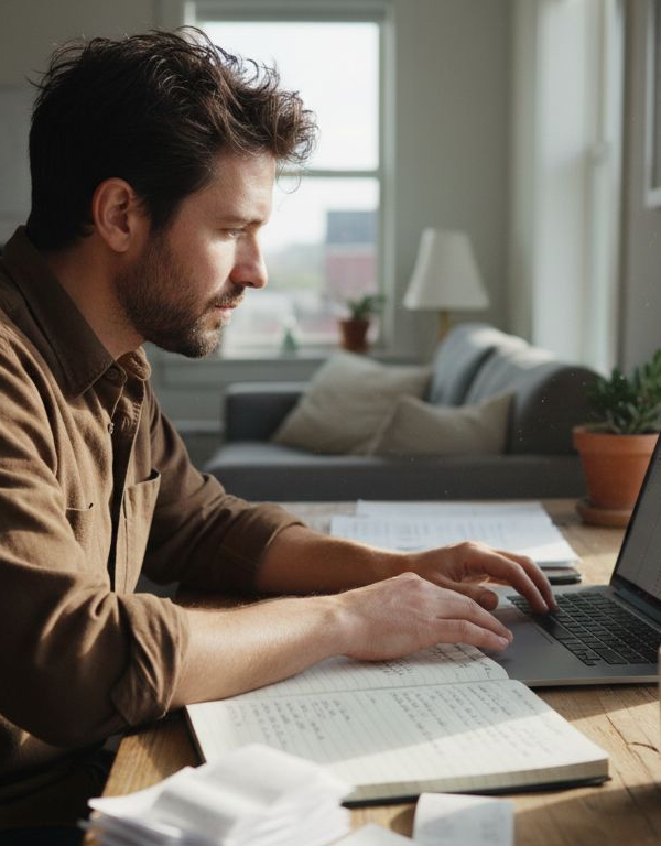 Solopreneur working at cluttered desk