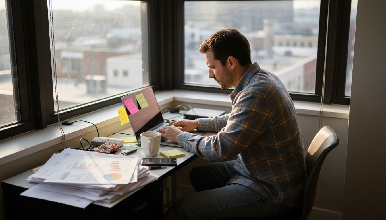 Solopreneur working in bright corner office