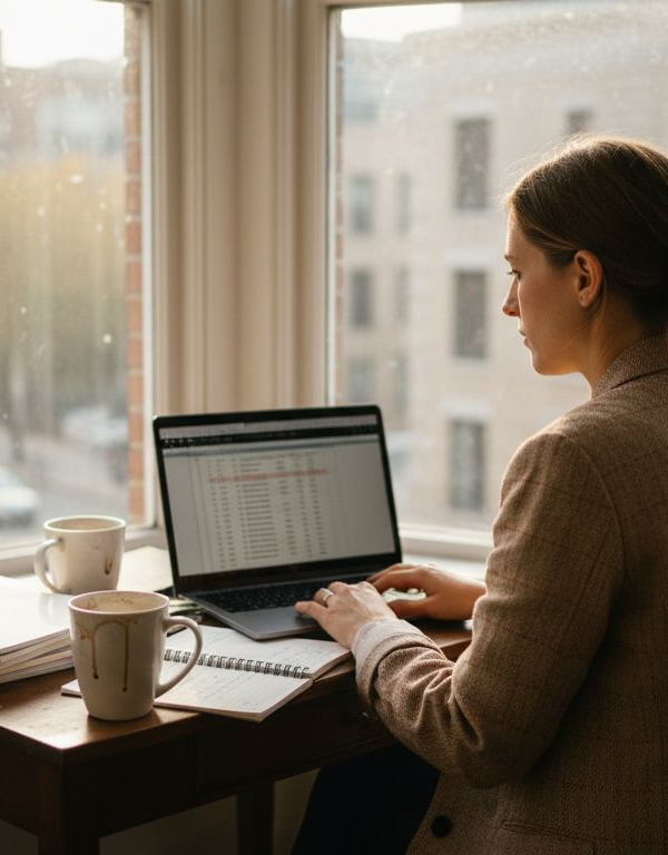 Solo entrepreneur at desk reviewing plans