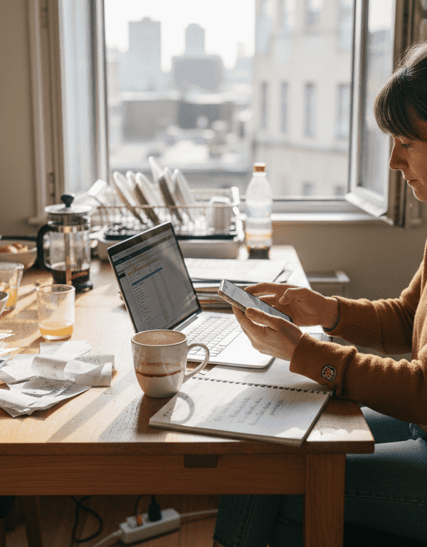 Solo entrepreneur multitasking at messy home workspace