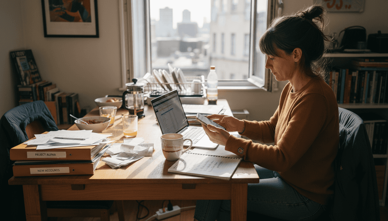 Solo entrepreneur multitasking at messy home workspace