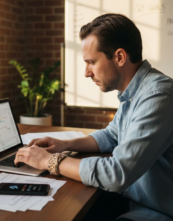 Solopreneur planning at cluttered office desk