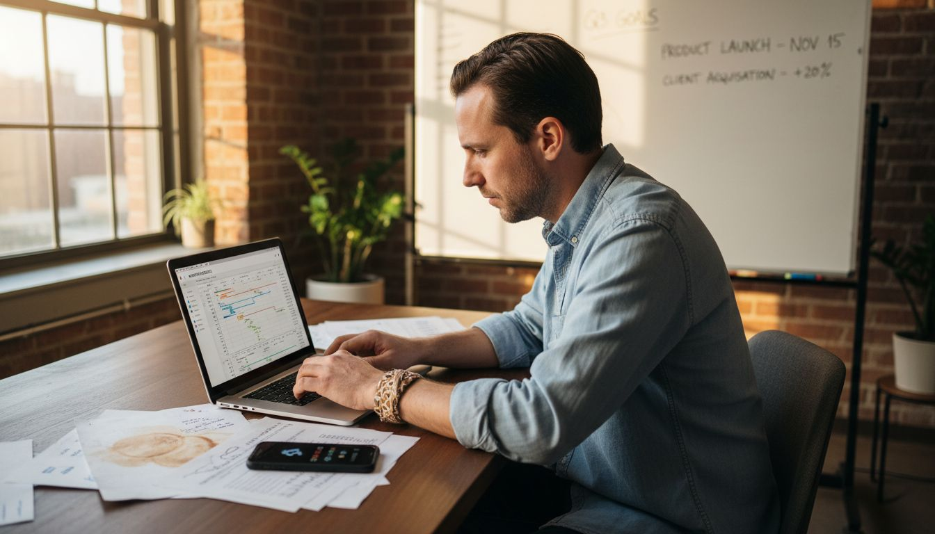 Solopreneur planning at cluttered office desk