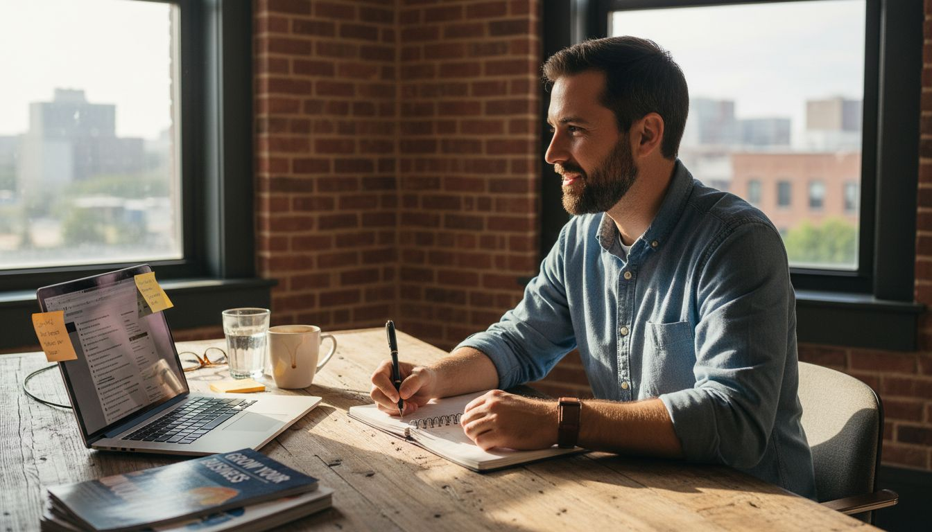 Solopreneur planning productive workday at desk
