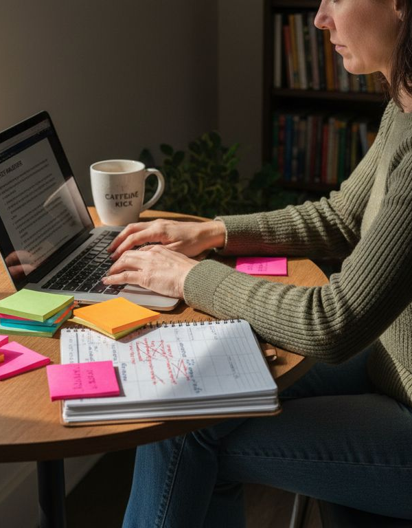 Solopreneur working at kitchen table workspace