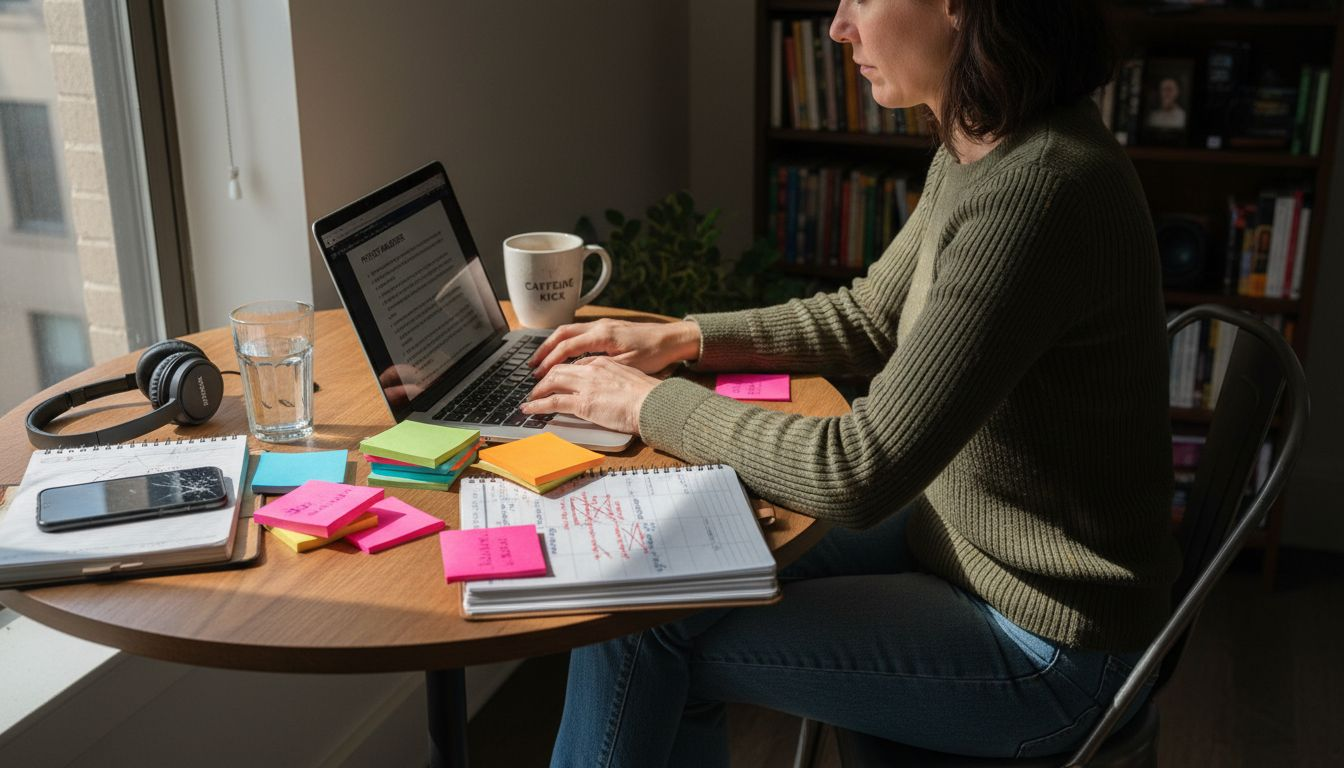 Solopreneur working at kitchen table workspace