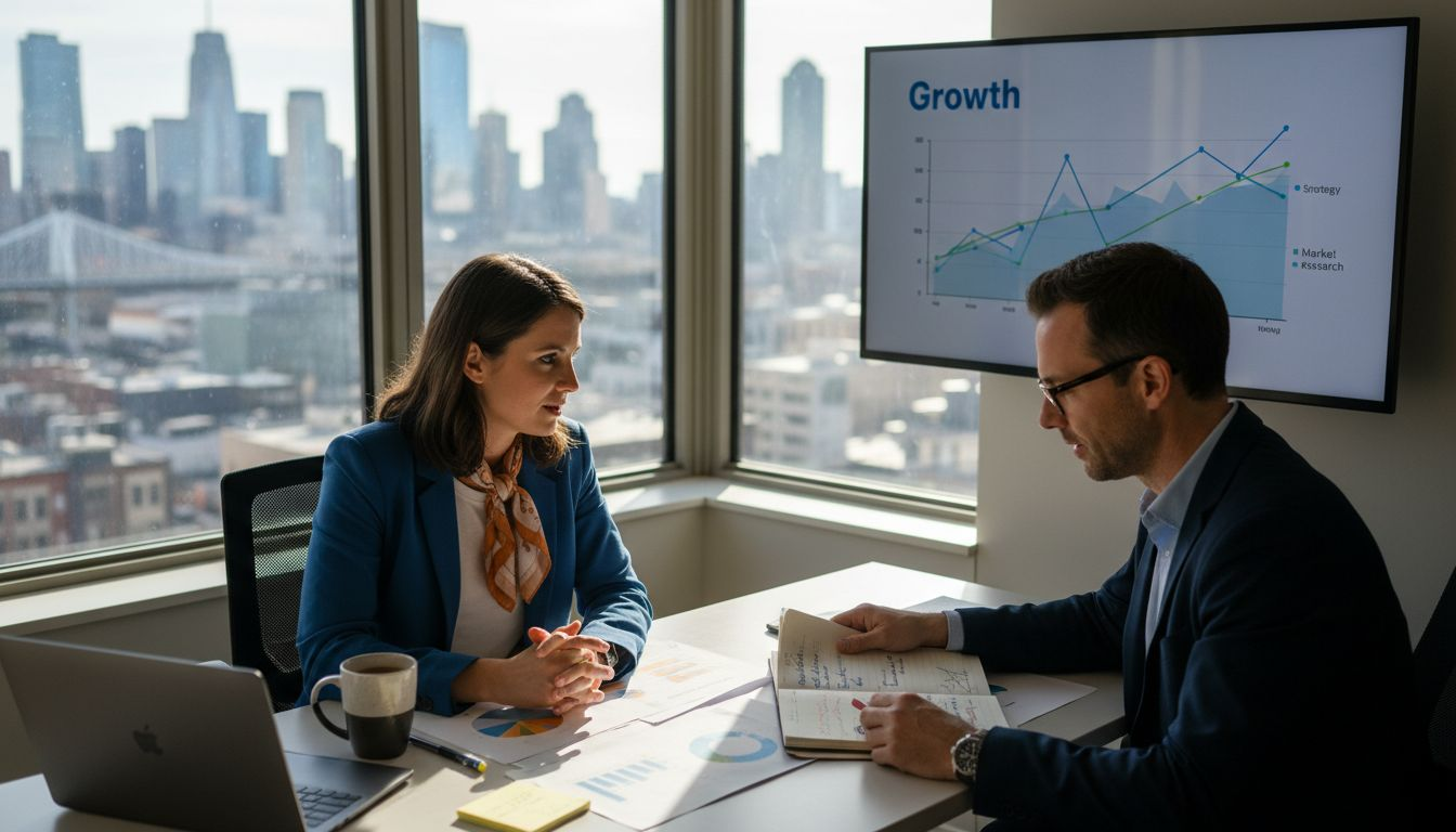 Solopreneur and coach reviewing growth chart