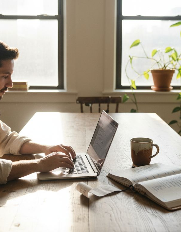 Solopreneur working at cozy home table