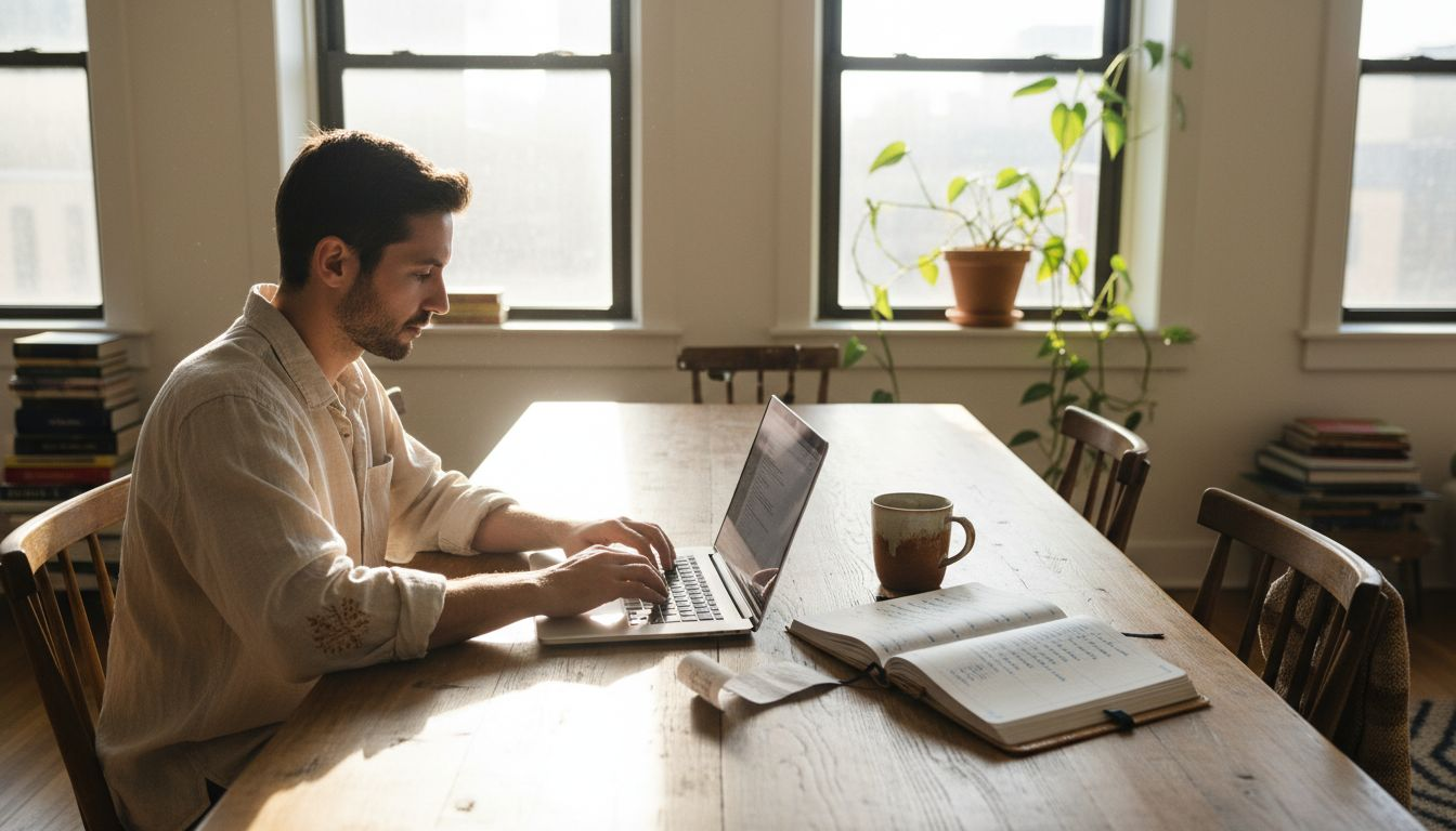 Solopreneur working at cozy home table