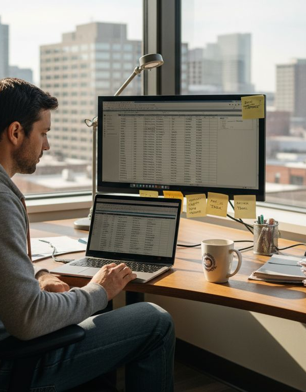 Solopreneur working alone at cluttered desk