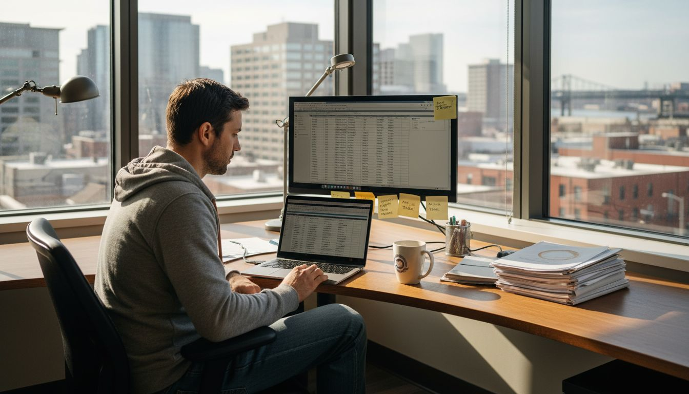 Solopreneur working alone at cluttered desk