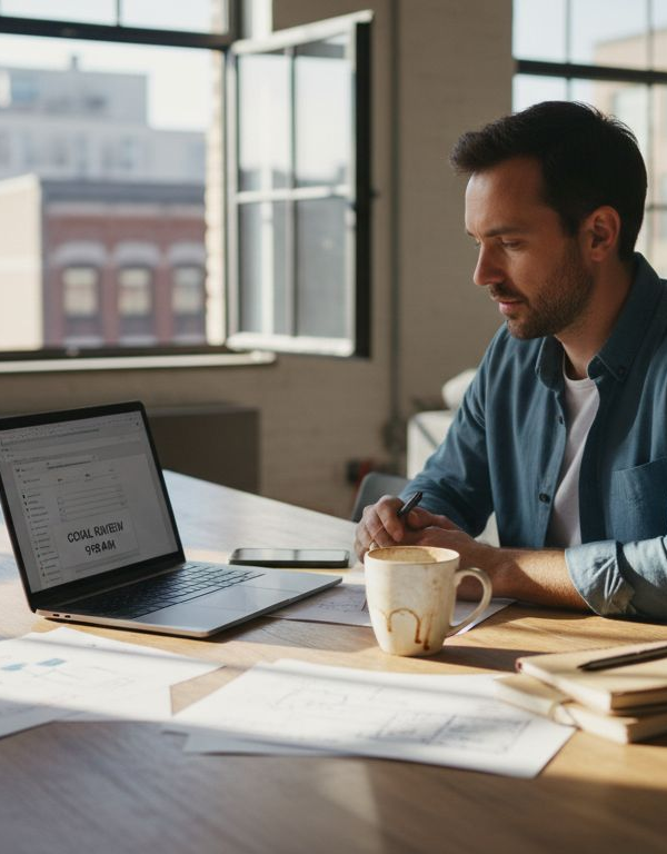 Solopreneur setting business goals at dining table