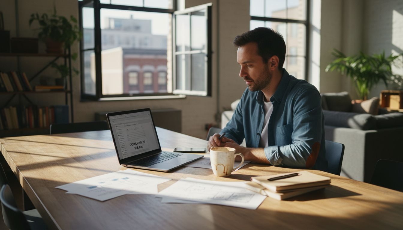 Solopreneur setting business goals at dining table