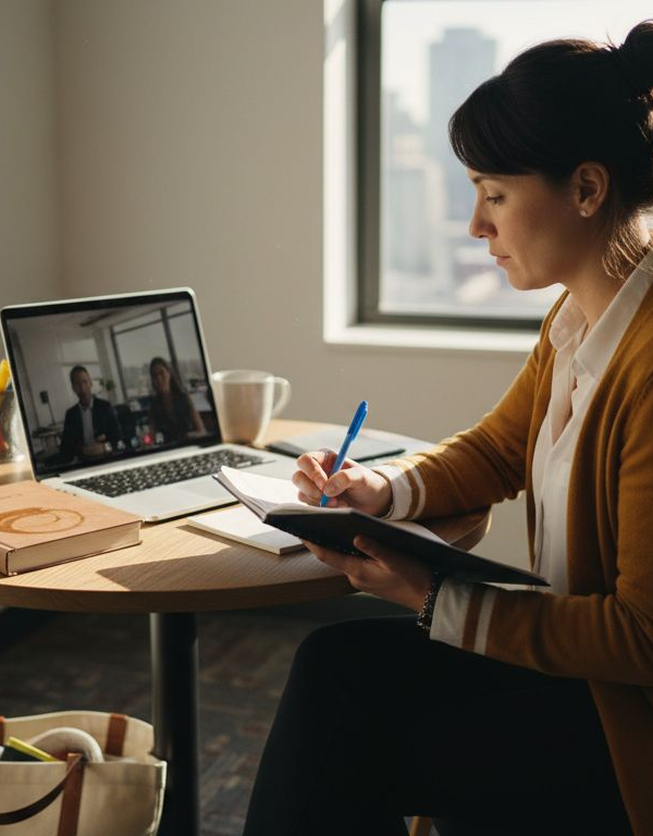 Solopreneur working with coach in city office