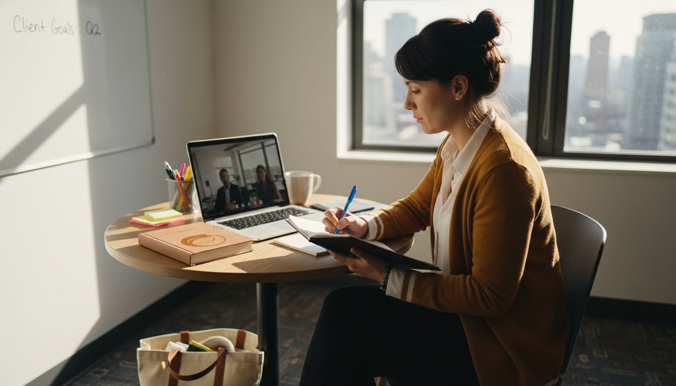 Solopreneur working with coach in city office