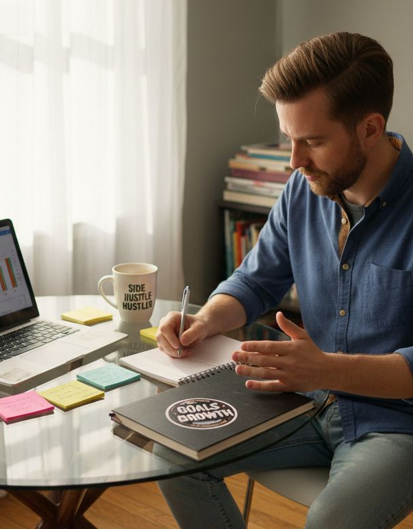 Solopreneur mapping business plan at home table