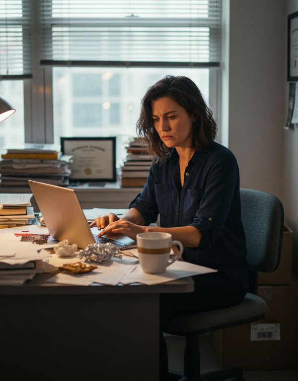 Woman solo entrepreneur at cluttered city office desk