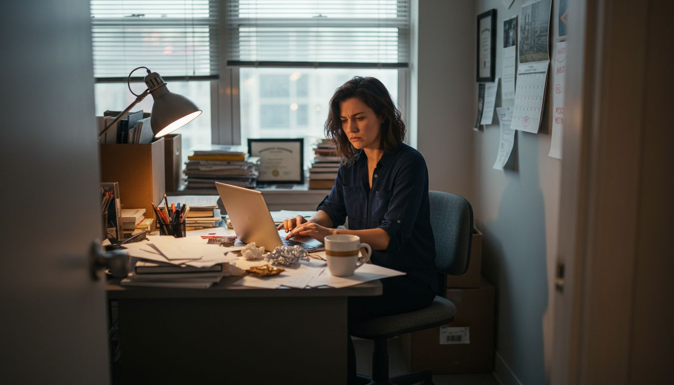 Woman solo entrepreneur at cluttered city office desk