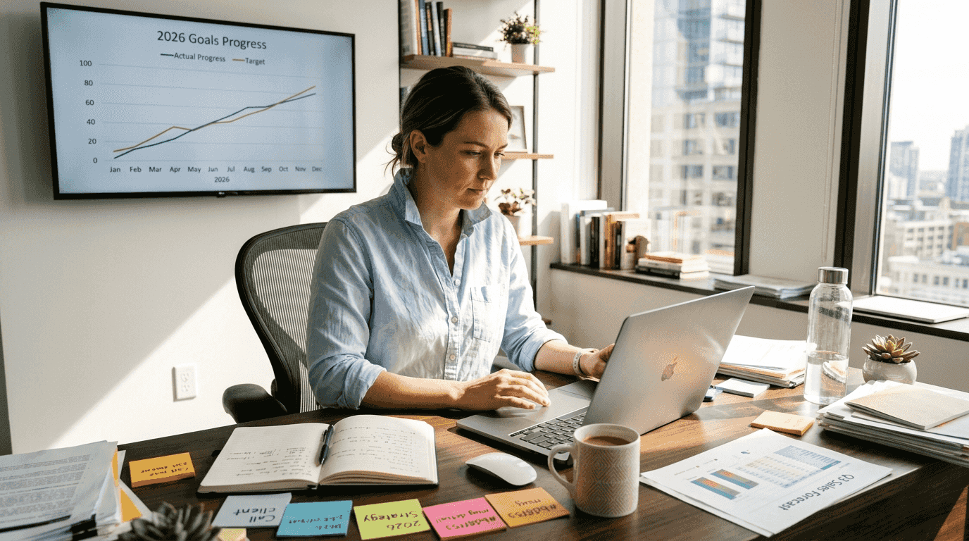 Solopreneur at desk reviewing business goals
