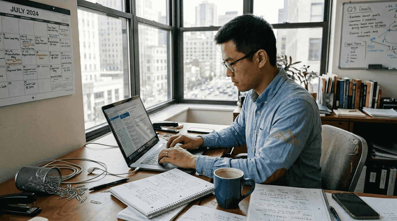 Solopreneur working at cluttered office desk