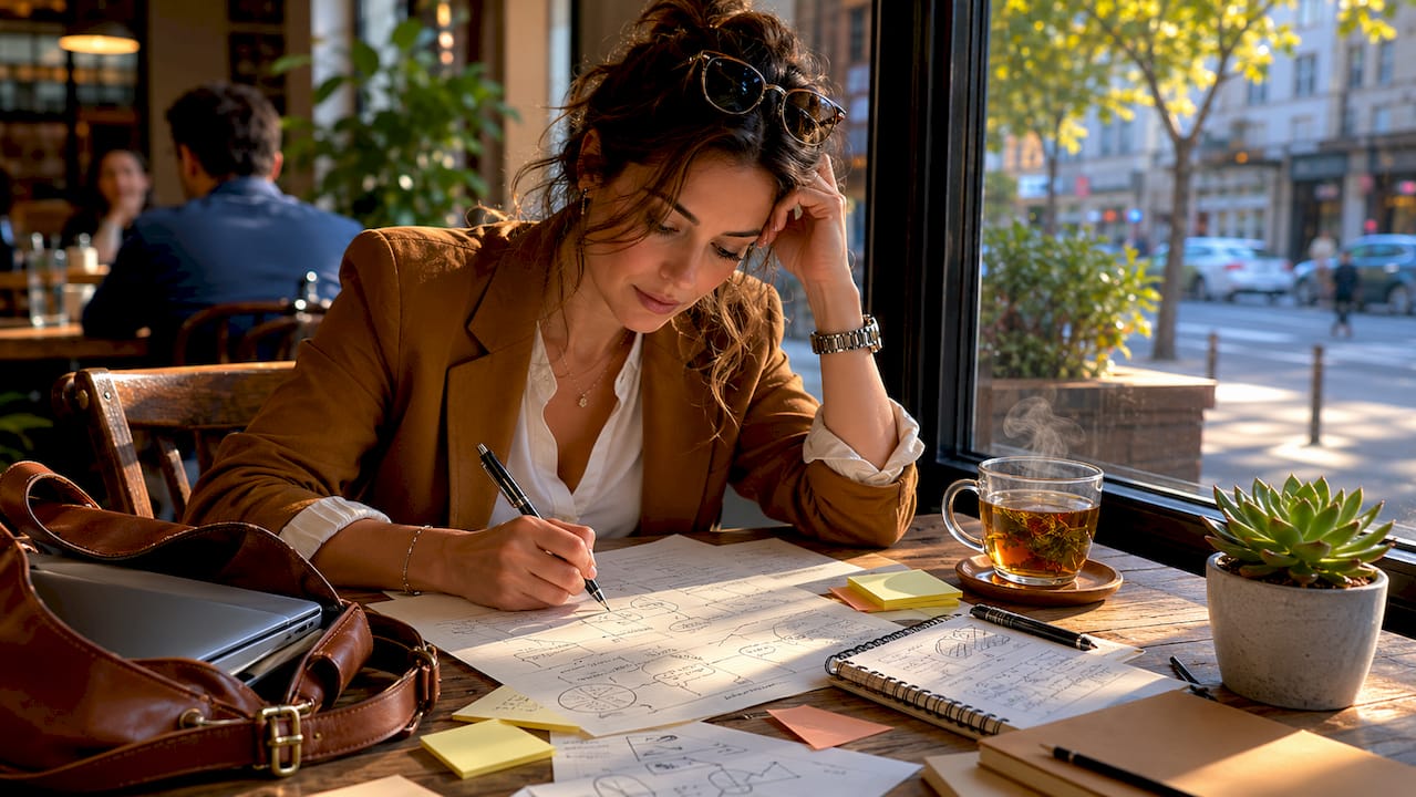 Woman reviewing business plan in home office