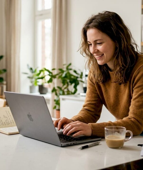 Solopreneur working on digital product sales at home desk
