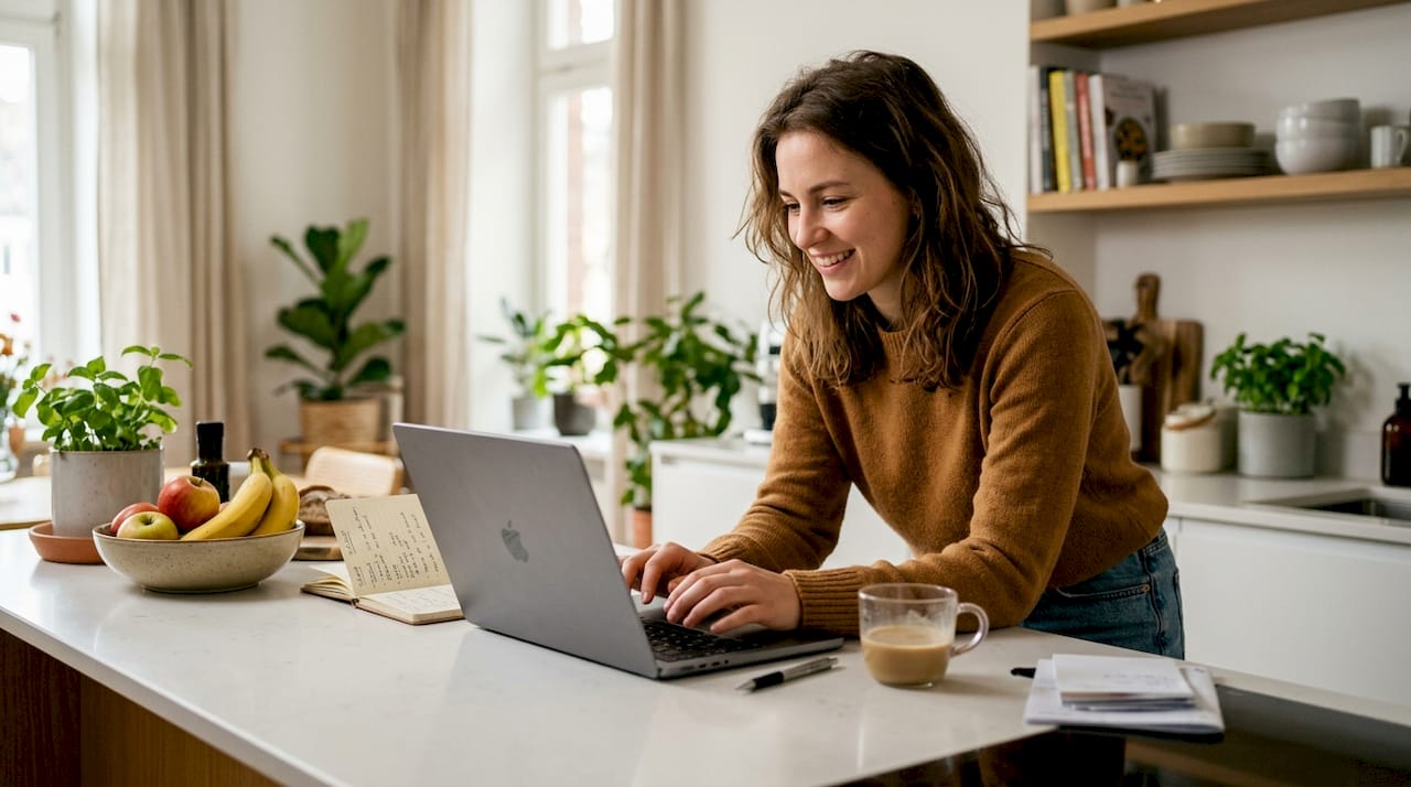 Solopreneur working on digital product sales at home desk