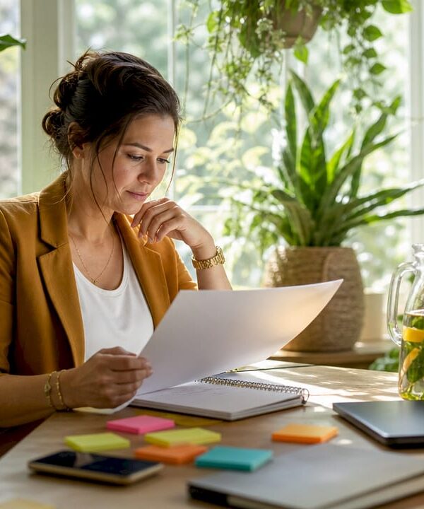 Woman planning career transition at kitchen table