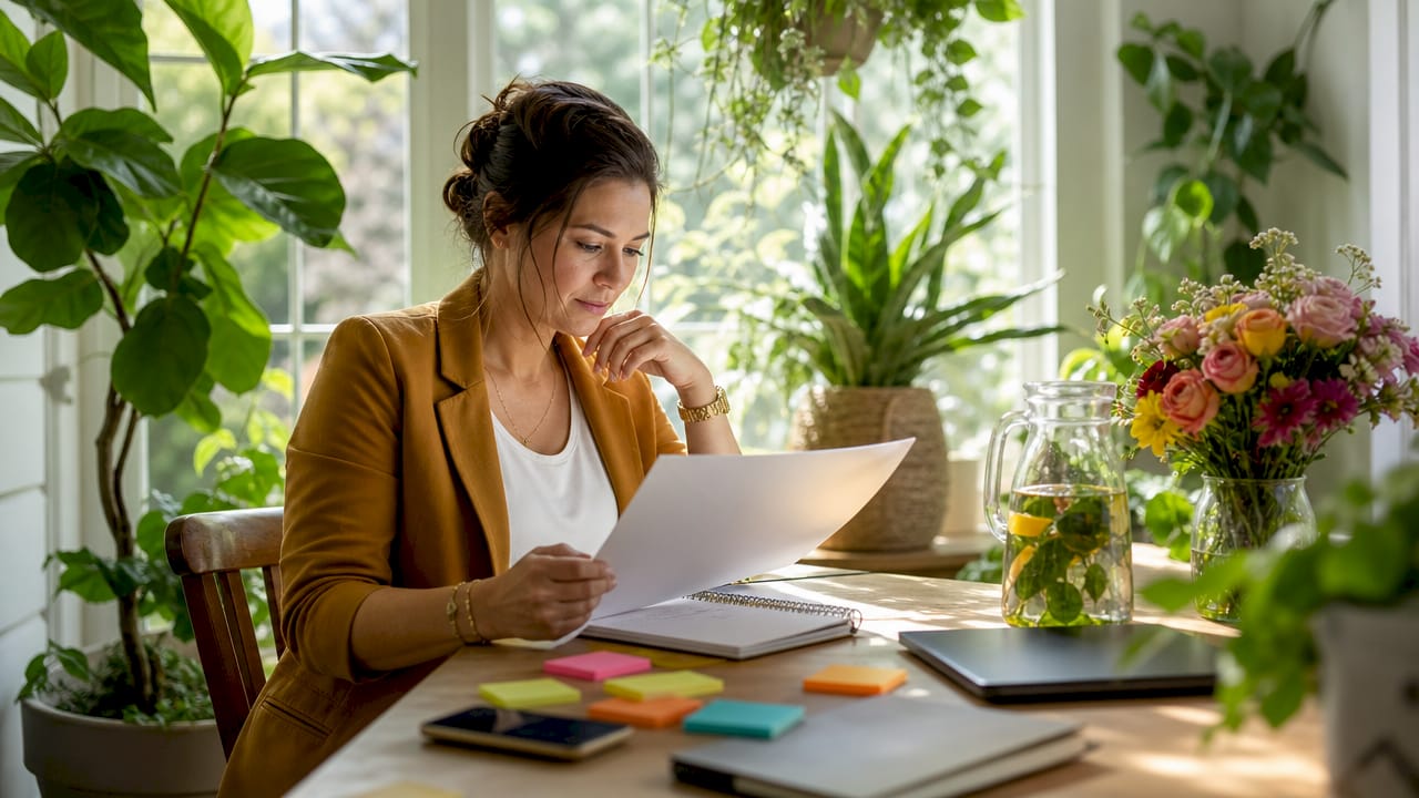 Woman planning career transition at kitchen table