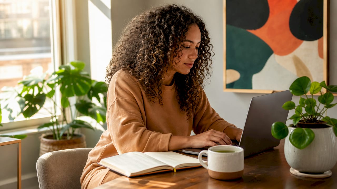 Solopreneur woman working on email list at home