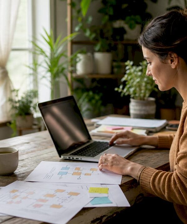 Solo business founder at home workspace organizing systems