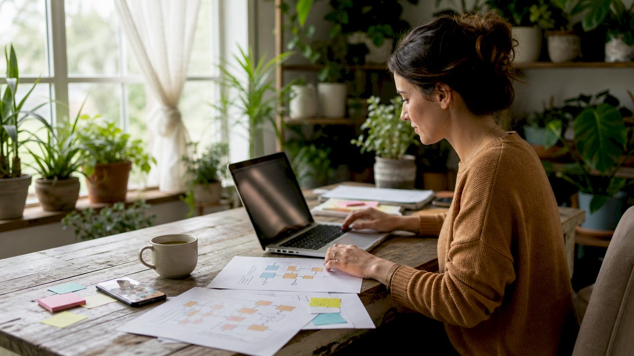 Solo business founder at home workspace organizing systems