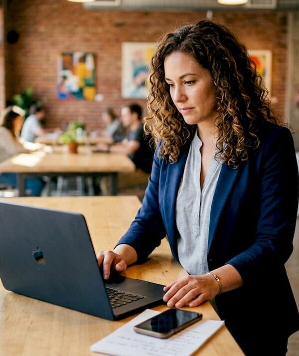 Woman using laptop to set up AI business automation