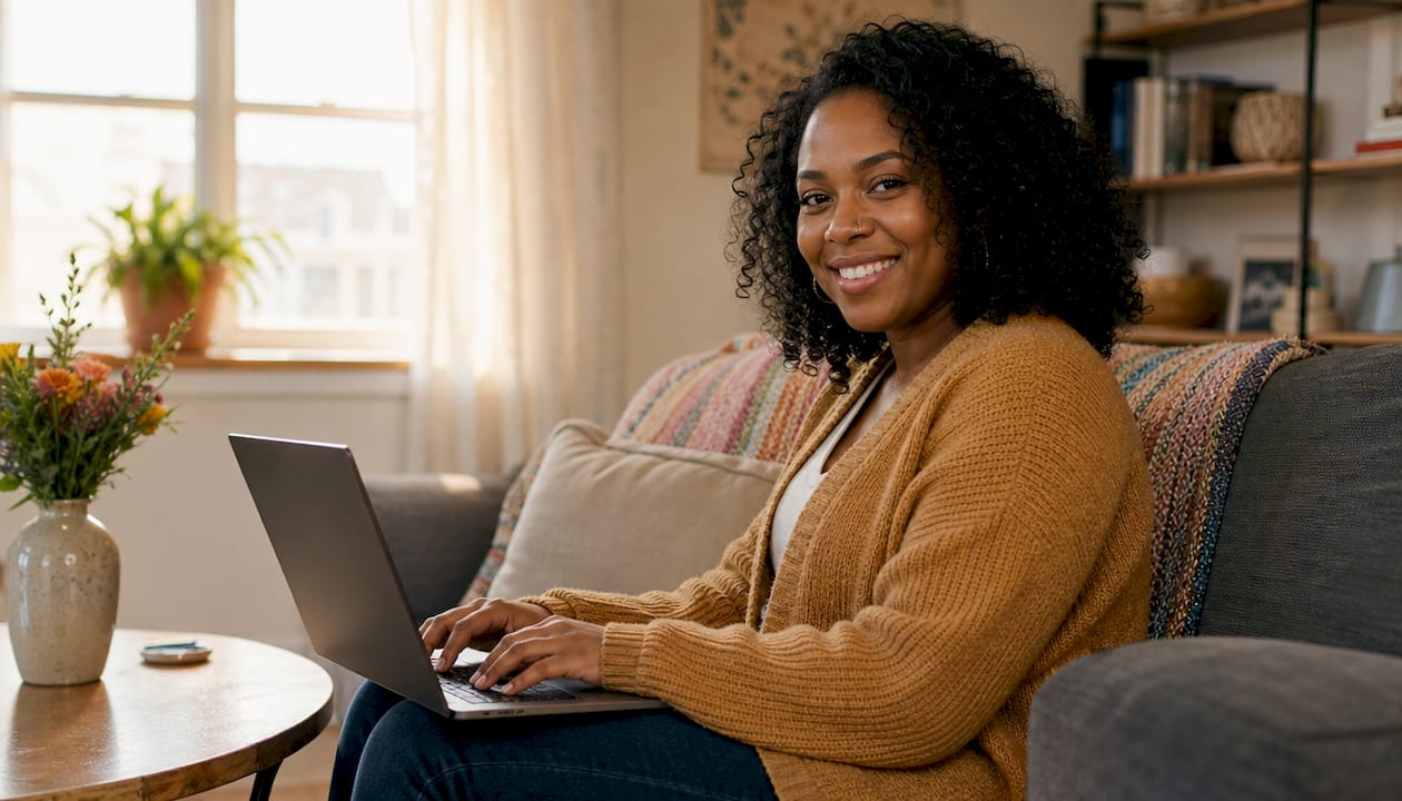 Woman building audience solo at home office desk