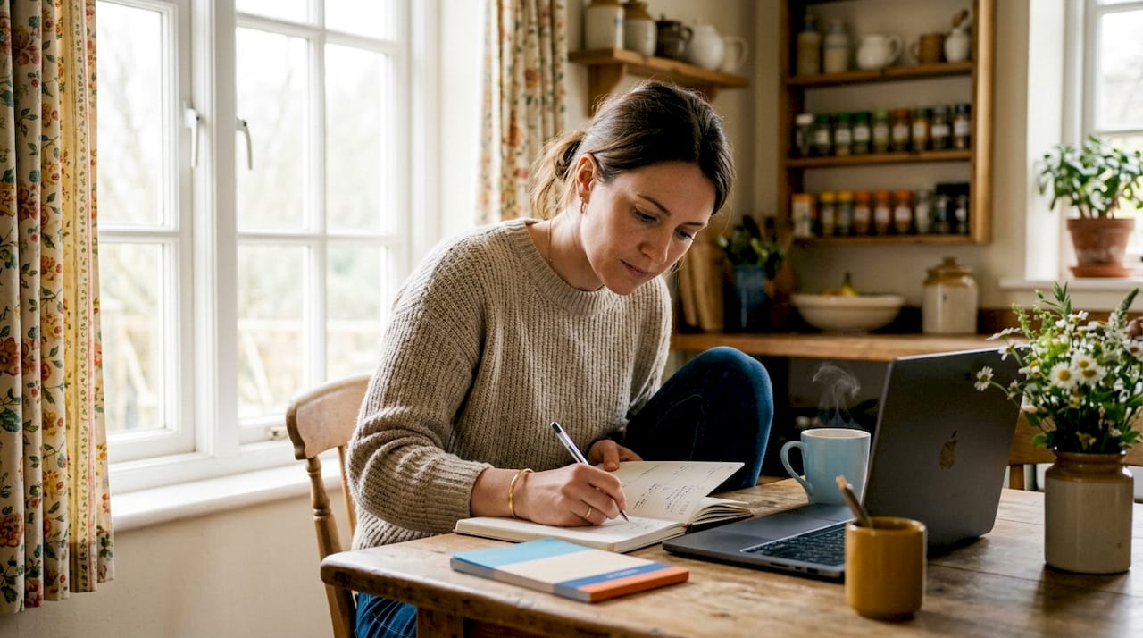 Woman organizing solo self-management tasks at desk
