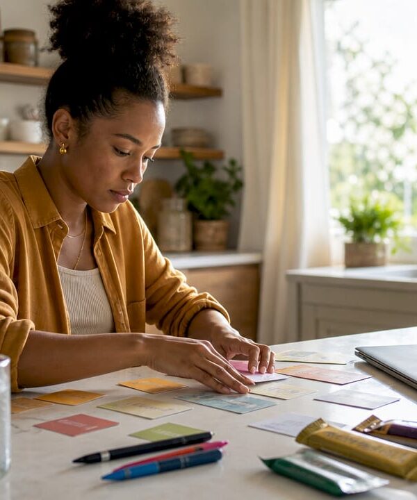Solopreneur prioritizing tasks at standing desk