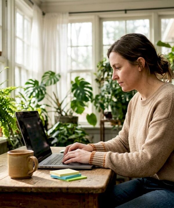 Blogger working at home office desk