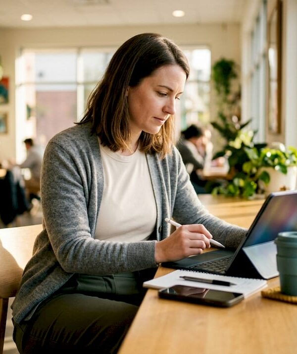 Solopreneur connecting AI workflow apps on tablet