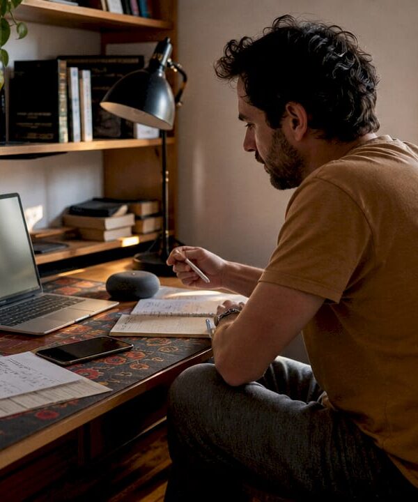 Solopreneur working with AI scheduling tools at home