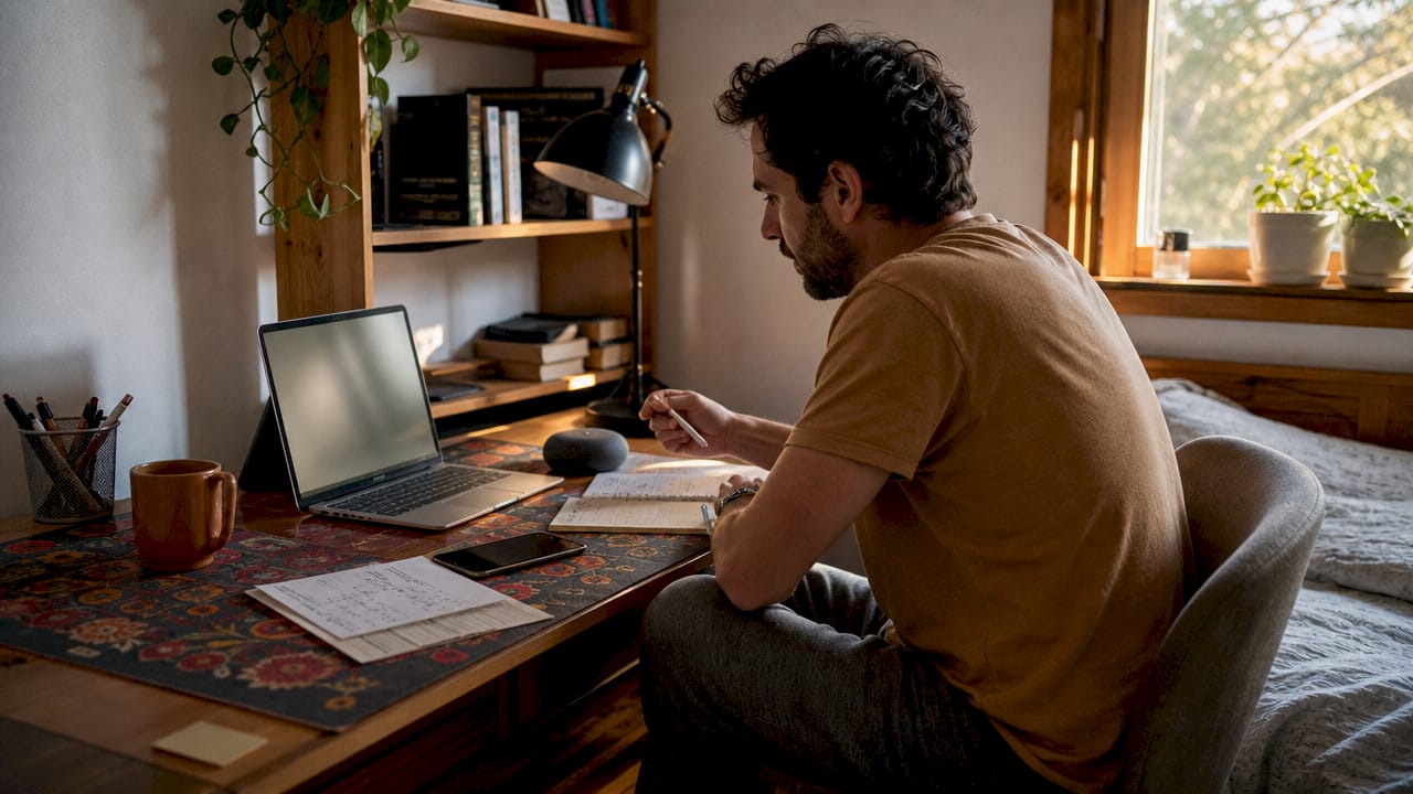 Solopreneur working with AI scheduling tools at home