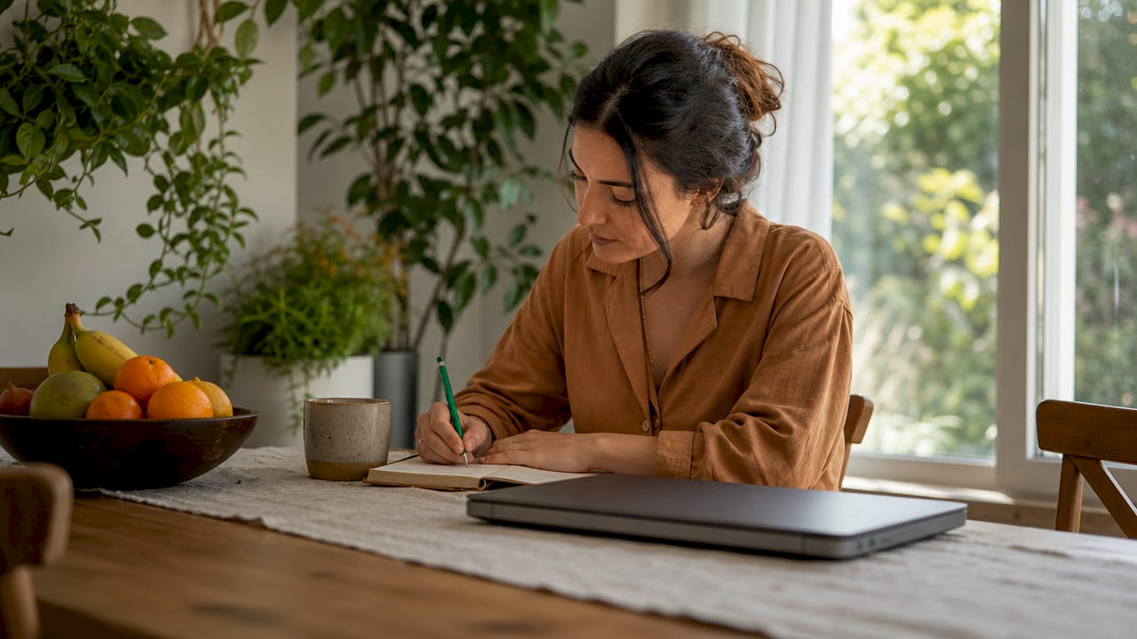 Solo entrepreneur writing notes in home office
